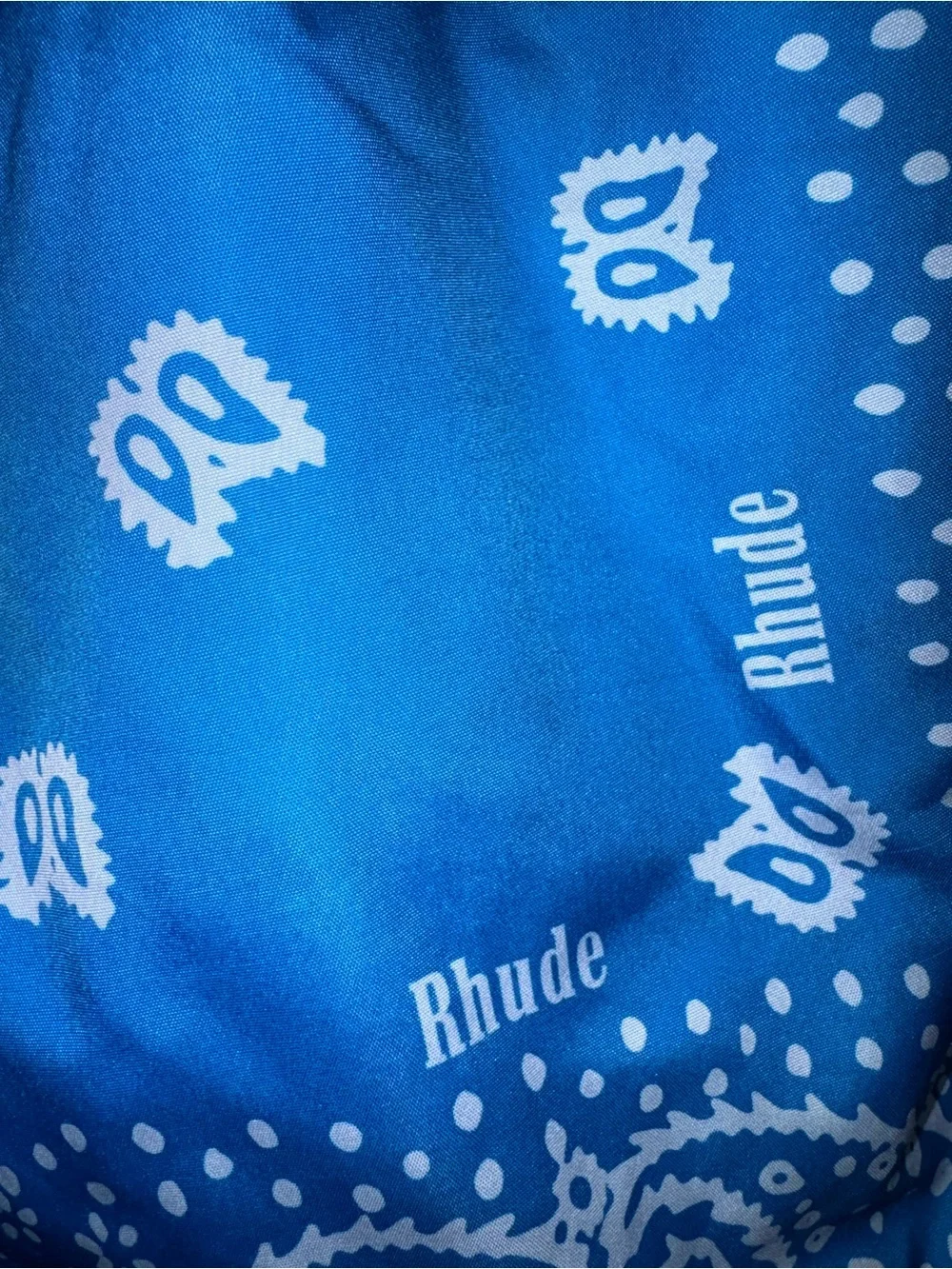Rhude Blue Bandana-Print Swim Trunks with Yellow Drawstring